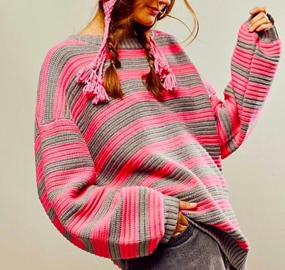 #605 Free People Sweater Pink/Gray Sz M